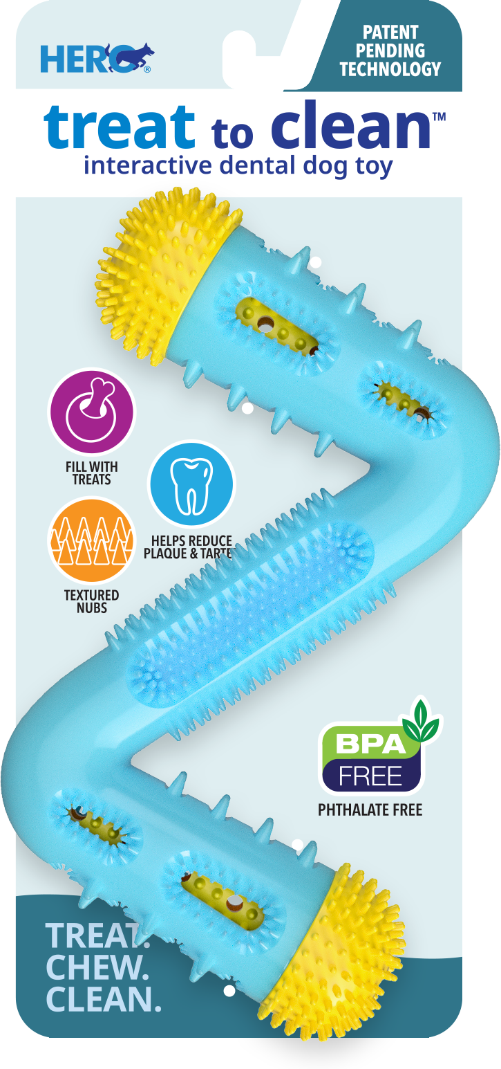 HERO Treat to Clean teal and yellow Z-Stick interactive dental dog toy on retail packaging